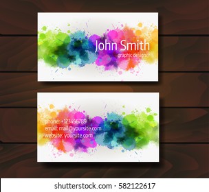 Business card template - front and back side. Watercolor painted line design. Templates on wooden background. Vector illustration.