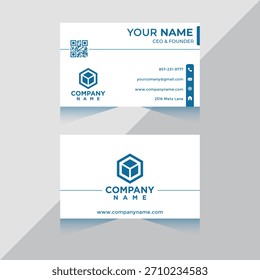 Business card template with geometric hexagonal logo, integrated QR code, and structured contact layout, designed for corporate identity, branding, and professional stationery use.