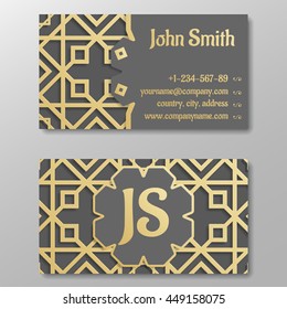 Business card template, gold arabic traditional pattern. Vector illustration