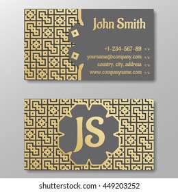 Business card template, gold arabic traditional pattern. Vector illustration