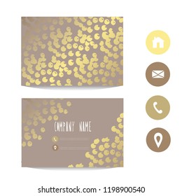 Business card template with golden dots, design element. Can be used for greeting, wedding, rsvp cards, banners, invitations, flyers, posters. Golden background