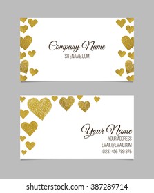 Business card template with golden foil heart shapes on white background. Double-sided vector.