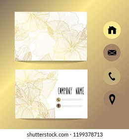 Business card template with golden hibiscus, design element. Can be used for greeting, wedding, rsvp cards, banners, invitations, flyers, posters. Golden background