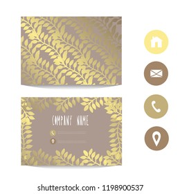 Business card template with golden leaves, design element. Can be used for greeting, wedding, rsvp cards, banners, invitations, flyers, posters. Golden background