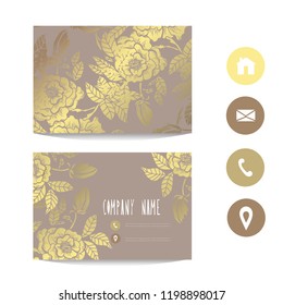 Business card template with golden peonies, design element. Can be used for greeting, wedding, rsvp cards, banners, invitations, flyers, posters. Golden background