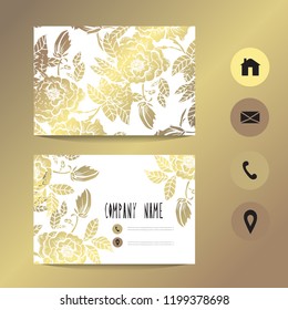 Business card template with golden peonies, design element. Can be used for greeting, wedding, rsvp cards, banners, invitations, flyers, posters. Golden background