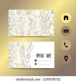 Business card template with golden peonies, design element. Can be used for greeting, wedding, rsvp cards, banners, invitations, flyers, posters. Golden background