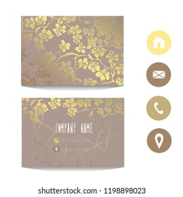 Business card template with golden sakura, design element. Can be used for greeting, wedding, rsvp cards, banners, invitations, flyers, posters. Golden background