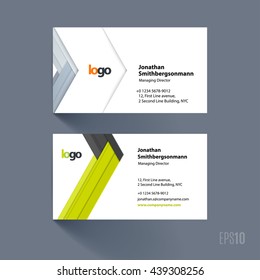 Business card template with green abstract arrow in flat, material style for business. Minimal, simple and clean design. Creative corporate vector layout.