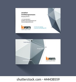 Business card template with grey triangles and polygons in minimal style with grid hi-tech communication concept. Minimal, simple and clean design. Creative corporate layout.