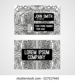 Business card template with hand drawn doodle pattern. Corporate identity.  Illustration in white and black colors.