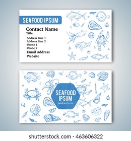 Business card template with hand drawn doodle seafood icons for restaurant. Vector illustration. Cartoon fresh sea food symbols: fish, crab, lobster, oyster, shrimp, shellfish on white background.
