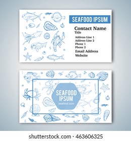 Business Card Template With Hand Drawn Doodle Seafood Icons For Restaurant. Vector Illustration. Cartoon Fresh Sea Food Symbols: Fish, Crab, Lobster, Oyster, Shrimp, Shellfish On White Background.