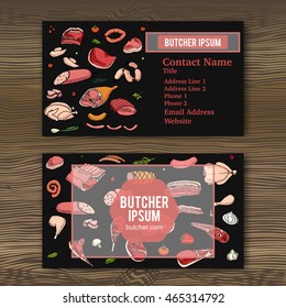 Business card template with hand drawn doodle set of cartoon different kind of meat and poultry. Vector illustration set. Sketchy food elements: Lamb, Pork, Ham, Chicken, Steak, Bacon, Sausage, Salami