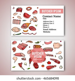 Business card template with hand drawn doodle set of cartoon different kind of meat and poultry. Vector illustration set. Sketchy food elements: Lamb, Pork, Ham, Chicken, Steak, Bacon, Sausage, Salami