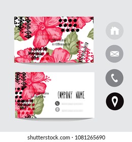 Business card template with hibiscus flowers, design element. Can be used also for greeting cards, banners, invitations, flyers, posters. Grunge abstract elements. Editable