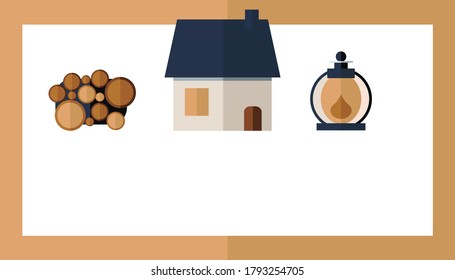 Business card template with house, wood pile and cozy lantern on white background.Vector illustration in flat style. Template for logotype, infographics, social media post, presentation. EPS 10