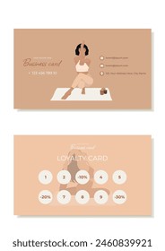 Business card template with illustrations of girls in yoga poses, loyalty cards for yoga studio clients, trainer business card. Vector