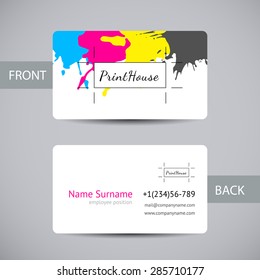 Business card template with ink splashes elements in a CMYK color scheme. Vector card with colorful stains and blots for printing house branding and other design concepts