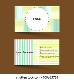 Business card template isolated on brown background. Contact card for company with colorful  stripe geometric pattern and contact details. EPS10 vector illustration for company, identity. Two sided.