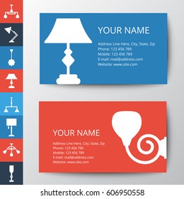 Business card template with lamp. Lamp icon vector set. Template for style design.