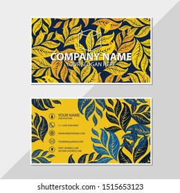 Business card template leaf pattern blue and yellow color vector illustration design
