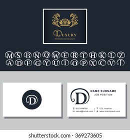 Business card template. Letters design for business cards. Abstract modern monogram design elements. Letters D, A, B, M, W, R, T, K, L, C, S, F, P, V, E, Q, H, G, N, J, Z, Y. Vector illustration