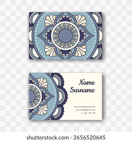 Business card template with mandala in vector. Isolated creative visiting card in oriental style in blue and beige colors. For beauty salon, yoga and massage studio