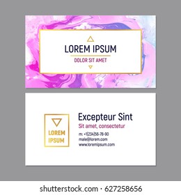 Business Card Template with Marble Texture on White Background. Vector illustration Golden Frame. Two Sides with Text Space