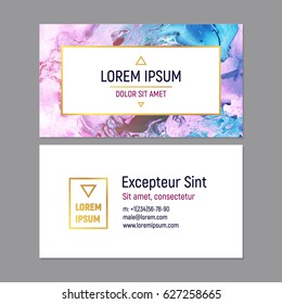 Business Card Template with Marble Texture on White Background. Vector illustration Golden Frame. Two Sides with Text Space