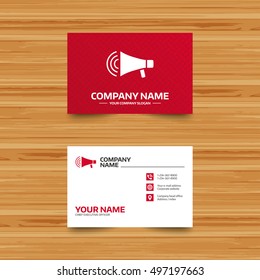 Business card template. Megaphone sign icon. Loudspeaker strike symbol. Phone, globe and pointer icons. Visiting card design. Vector