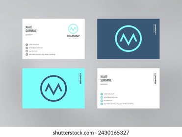 Business card template with a minimalistic logo of the letter M and a colored blue background, double-sided business card design