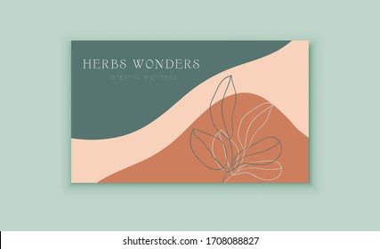 Business Card Template with Modern abstract shapes and line drawing leaves in trendy earthy hues. Vector Illustration