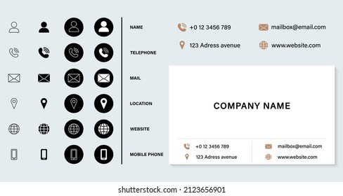 Business Card Template in Modern Elegant Design. Contact Information Icons Set. Address, Mobile Phone, Location, Name, Mail, Website Icons Set. Blank White Business Card Layout. Vector Illustration.