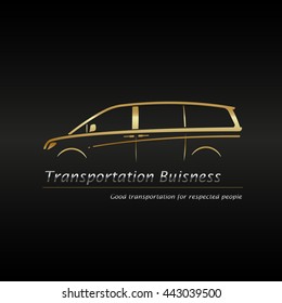 Plantilla de tarjeta de presentación. Moderna minivan dorada con el logo de la empresa de fondo negro. Ilustración vectorial. 