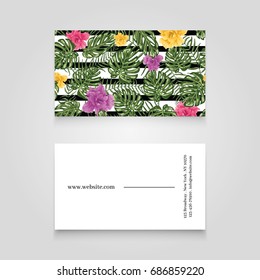 Business card template with monstera , palm leafs and flowers