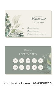 Business card template in a natural style with leaves and plants. Loyalty card for clients. Suitable for beauty salons, massage therapists, psychologists, etc. Vector