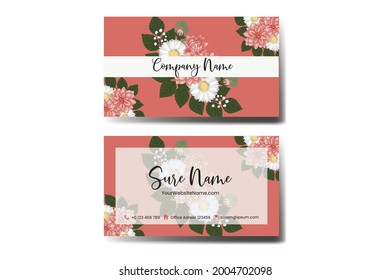 Business Card Template Orange Dahlia Flower .Double-sided Blue Colors. Flat Design Vector Illustration. Stationery Design