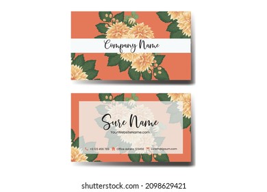Business Card Template Orange Dahlia Flower .Double-sided Orange Colors. Flat Design Vector Illustration. Stationery Design