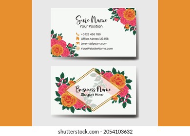 Business Card Template Orange Rose Flower .Double-sided Colors. Flat Design Vector Illustration. Stationery Design