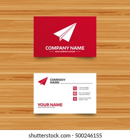 Business card template. Paper Plane sign. Airplane symbol. Travel icon. Flight flat label. Phone, globe and pointer icons. Visiting card design. Vector