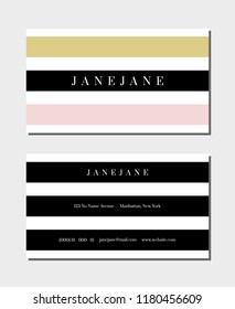 Business card template in pastel pink, gold and black stripes on white background, 3.5"x2", front and back. Feminine and modern minimalist design.