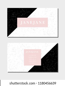 Business card template in pastel pink, black and white, 3,5"x2", front and back. Feminine and modern minimalist design, geometric style, speckled texture.