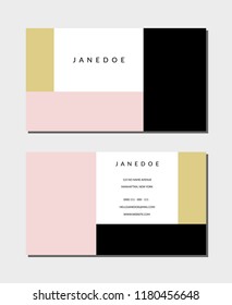 Business card template in pastel pink, black, gold and white, 3,5"x2", front and back. Feminine and modern minimalist design, geometric style, color-blocking.