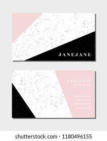 Business card template in pastel pink, black and white, 3.5"x2", front and back. Feminine and modern minimalist design, geometric style, speckled texture.