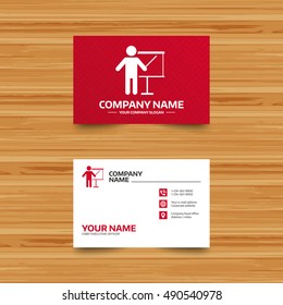 Business card template. Presentation sign icon. Man standing with pointer. Blank empty billboard symbol. Phone, globe and pointer icons. Visiting card design. Vector