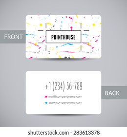 Business card template for printery with ink splashes elements. Vector card with CMYK color stains and blots for printing house branding and other design concepts