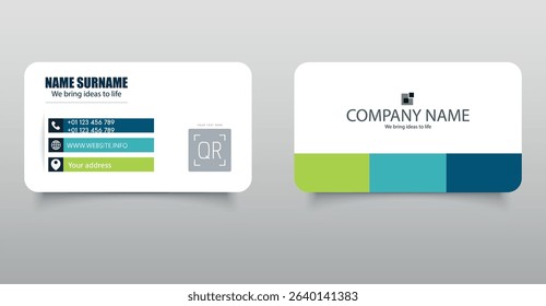 Business Card Template. Professional and colorful business card design template with bold accent blocks and QR code placeholder. Suitable for corporate identity and branding