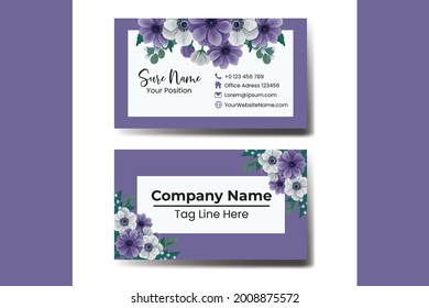 Business Card Template Purple Anemone Flower .Double-sided Blue Colors. Flat Design Vector Illustration. Stationery Design