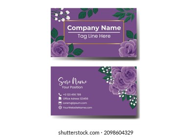 Business Card Template Purple Rose Flower .Double-sided Purple Colors. Flat Design Vector Illustration. Stationery Design